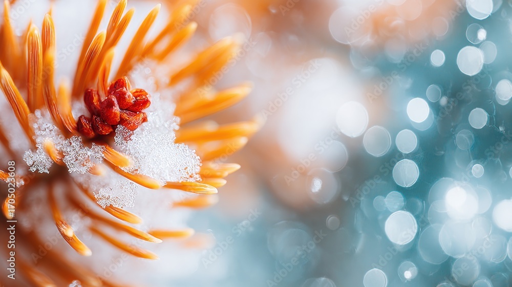 Fototapeta premium Frosted pine needles with a hint of snow in a tranquil winter setting