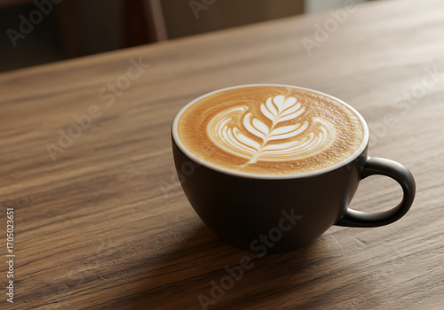 Latte Art: A close-up shot showcases a meticulously crafted latte with intricate foam art atop, inviting viewers to savor the artistry and rich flavors of a perfect coffee moment.
