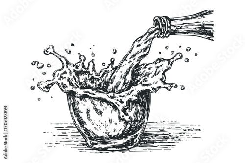 Ink splash pouring liquid from bottle into glass with droplets. Vector hand drawn illustration