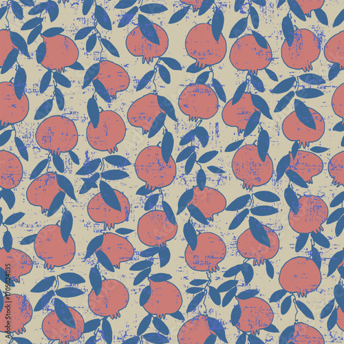 Seamless pattern. Pomegranate tree branches with fruit. Outlined vector illustration on light-colored background for surface design and other design projects Shana Tova