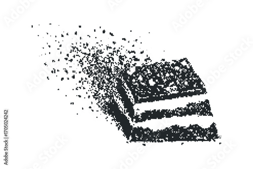 Abstract pixelated cake decomposing into dispersed fragments. Vector hand drawn illustration