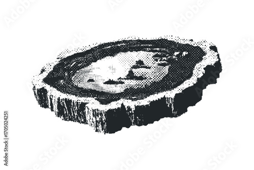 Cross section of petrified wood fragment with textured bark and porous interior. Vector hand drawn illustration