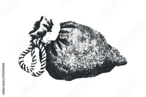 Grainy Stippled Sack with Twisted Rope and Knot. Vector hand drawn illustration