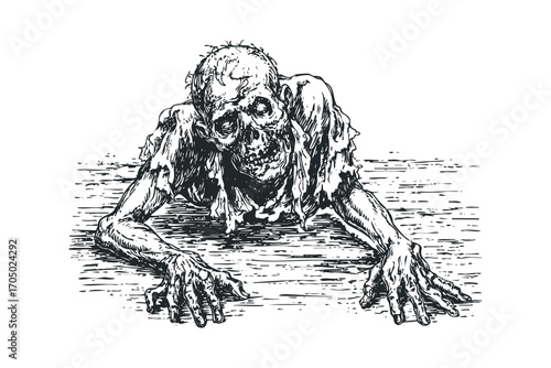 Terrifying zombie emerging from murky water. Vector hand drawn illustration