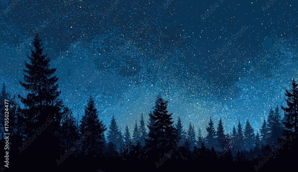 Naklejka premium Silhouetted forest under a starry night sky