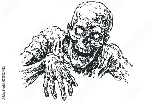 Creepy zombie face and hand reaching forward. Vector hand drawn illustration