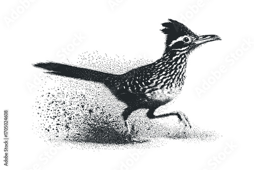 Running roadrunner bird in motion with a dissipating effect. Vector hand drawn illustration