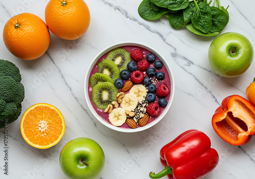 Vibrant Vegan Bowl: An enticing assortment of colorful fruits and vegetables meticulously arranged on a marble surface, highlighting the aesthetic appeal of wholesome, plant-based cuisine.