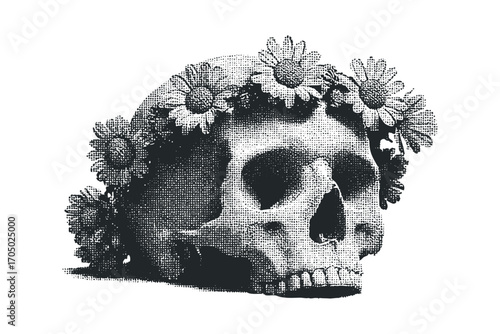 Human skull wearing floral wreath on transparent background. Vector hand drawn illustration