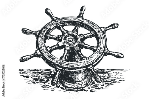 Vintage ship wheel on rough water sketch. Vector hand drawn illustration