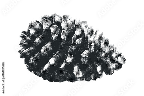 Halftone Pinecone Isolated on White. Vector hand drawn illustration