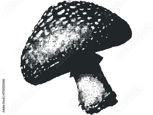 Monochromatic mushroom graphic with grainy texture on transparent background. Vector hand drawn illustration