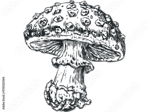 Detailed sketch of a spotted mushroom on a transparent background. Vector hand drawn illustration