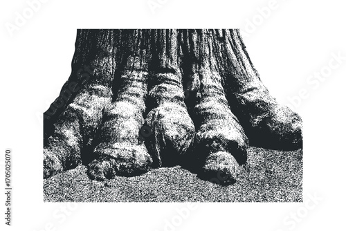 Close up of ancient tree roots with textured surface on transparent background. Vector hand drawn illustration