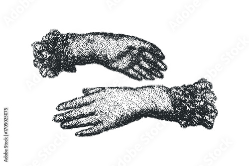 Vintage hands wearing ornamental cuffs on transparent background. Vector hand drawn illustration