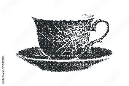 Dark Teacup and Saucer with Spiderweb Detail on Transparent. Vector hand drawn illustration
