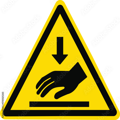 This cautionary illustration features a yellow triangular warning sign showing a hand with a downward arrow, indicating a potential hazard of placing a hand in a dangerous area. The bold black graphic