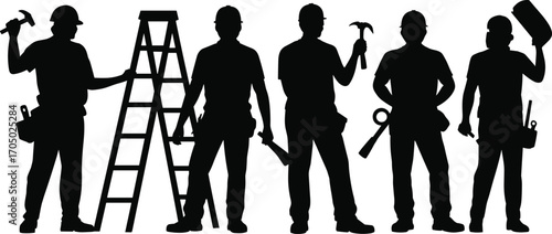 Silhouettes of construction workers with tools and ladder, safety helmets, teamwork, labor, building site, industrial work, repair, maintenance