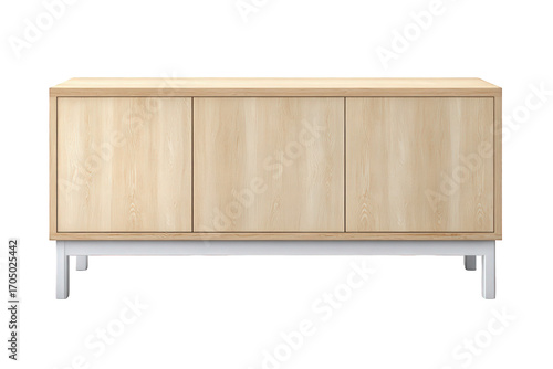 Modern light wood sideboard with white legs isolated on transparent background