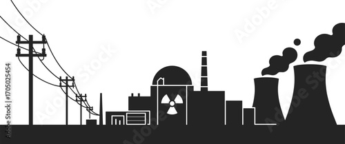 Silhouette of nuclear power plant, cooling towers emitting steam, radiation symbol, power lines, electrical infrastructure, energy production, industrial facility