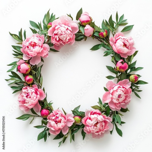 Pink peonies arranged in a wreath frame, isolate on white background.