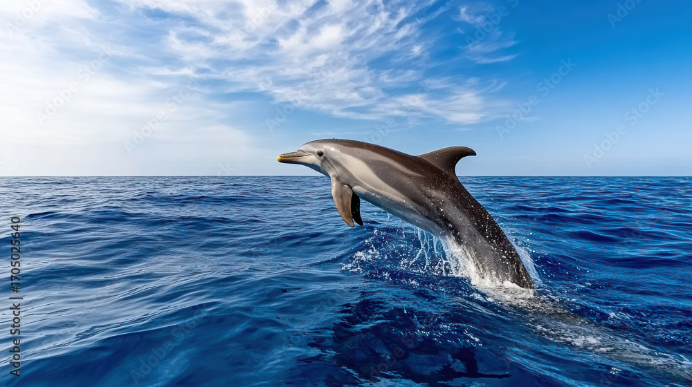 Fototapeta premium Dolphin jumping above ocean waves under blue sky, showcasing its grace and beauty