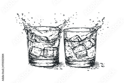 Two glasses of liquid with ice cubes and splashes of water. Vector hand drawn illustration