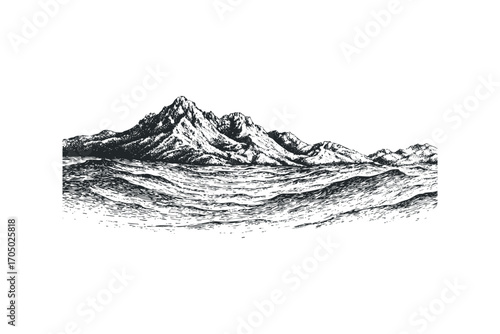 Pencil drawing of majestic mountains rising above a turbulent sea. Vector hand drawn illustration