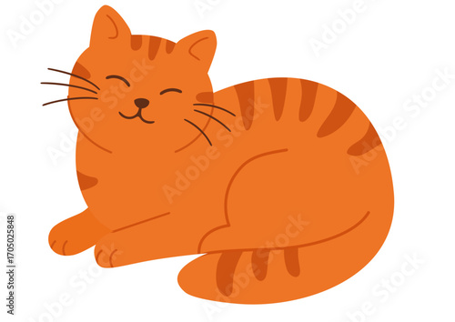 Orange tabby cat sleeping with closed eyes, squinting and smiling. Happy pet. Cute pet illustration for children's books, greeting card.