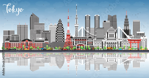 Tokyo Japan city skyline with color buildings, blue sky and reflections. Tokyo cityscape with landmarks. Business travel and tourism concept with modern and historic architecture.
