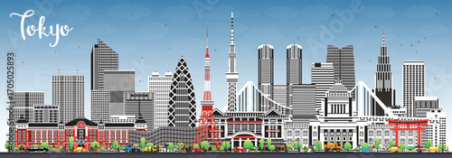 Tokyo Japan city skyline with color buildings and blue sky. Tokyo cityscape with landmarks. Business travel and tourism concept with modern and historic architecture.