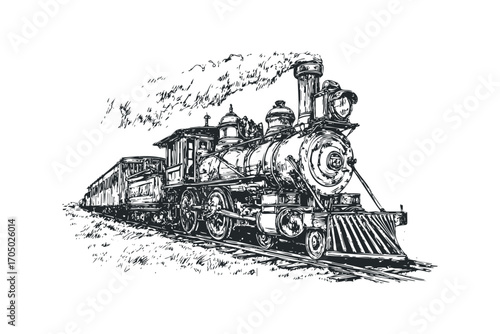 Vintage Steam Locomotive with Attached Passenger Cars Image. Vector hand drawn illustration