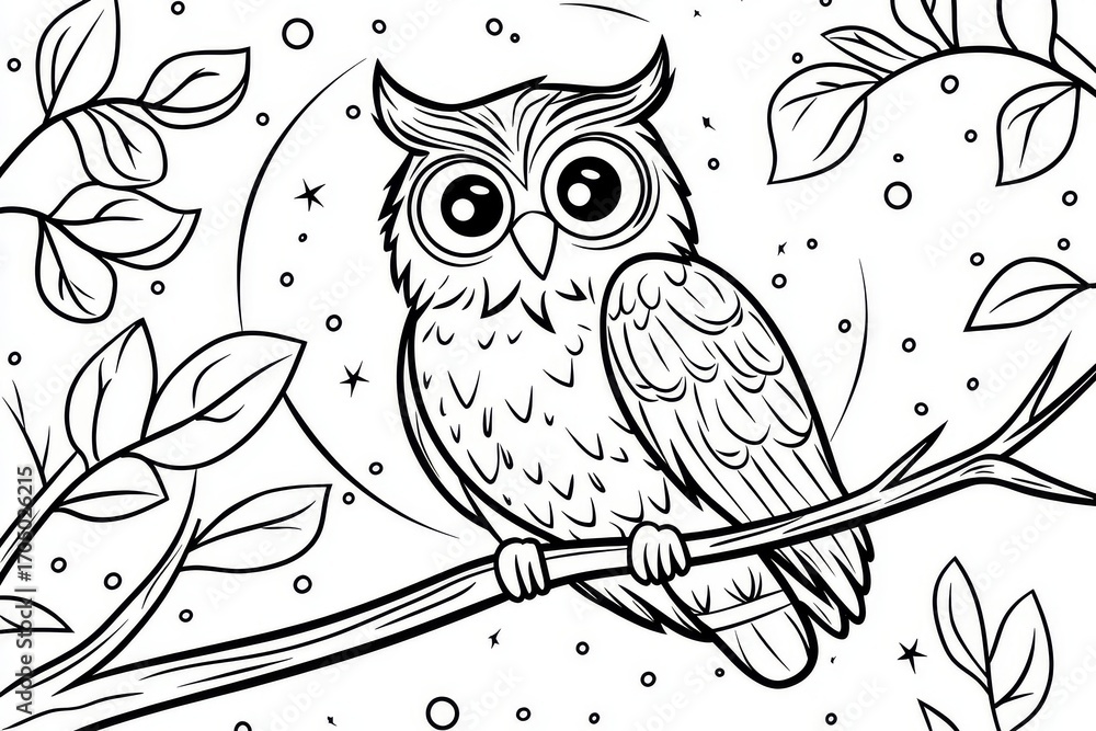 Obraz premium Cute owl coloring page for kids sitting on a branch at night, simple cartoon vector style with bold black outlines in black and white