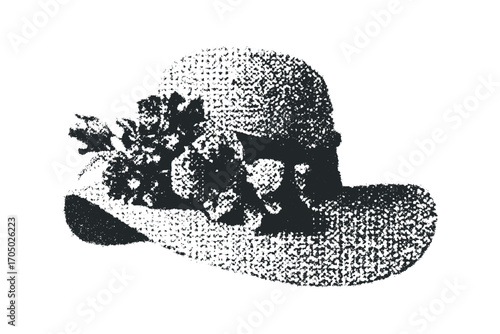 Stitched wide brim hat with floral embellishments. Vector hand drawn illustration