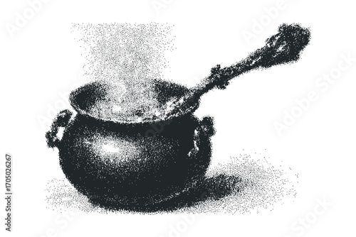 Steaming Pot with Spoon. Vector hand drawn illustration