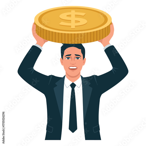 vector illustration of stressed businessman holding heavy gold coin symbolizing financial burden