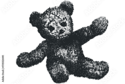 Stitched Teddy Bear Toy with Scattered Texture on Transparent. Vector hand drawn illustration