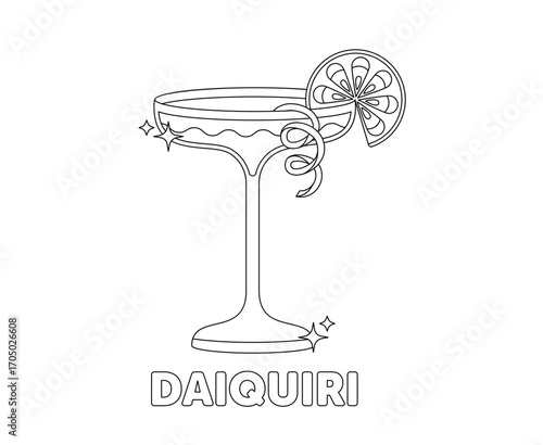 Daiquiri Cocktail glass with lemon slice and garnish. Black and white drinks vector illustration. Colouring book.