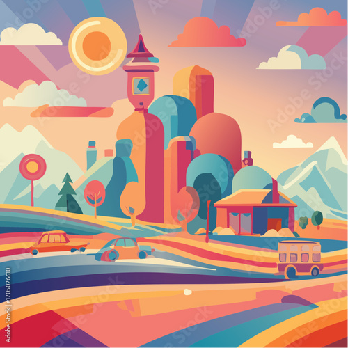 Psychedelic abstract art. Vector illustrations of geometric groove retro objects