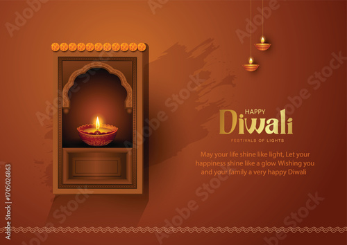 Indian festival of lights Happy Diwali, holiday Background, Diwali celebration greeting card, abstract vector illustration design.