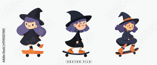 Cute Halloween witches skateboarding with smiles and fun