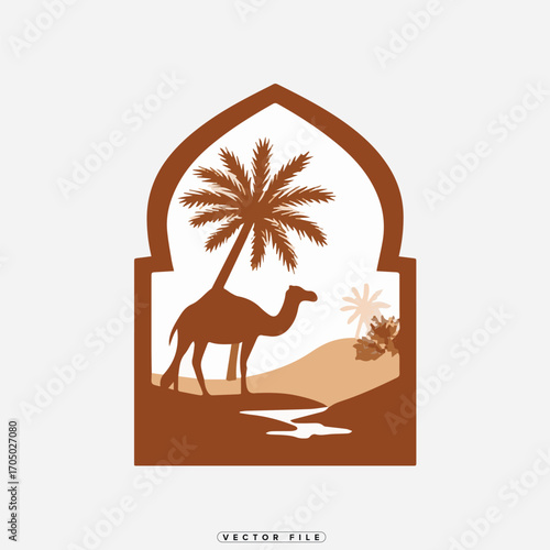 Camel and palm tree scene in traditional desert landscape illustration