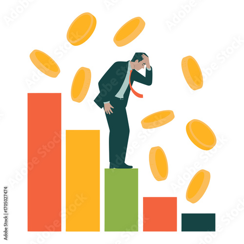 vector of stressed businessman dealing with financial loss and falling coins with declining bar chart