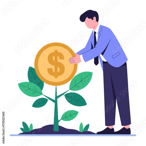 vector of businessman planting a money tree with dollar coin as symbol of financial growth