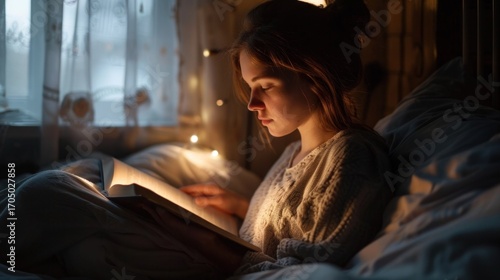 A young girl sitting in a cozy bed with a book, surrounded by soft lighting and a warm, inviting atmosphere.