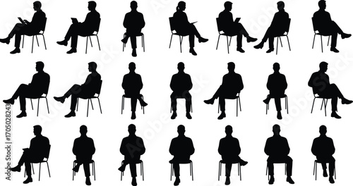 Silhouette of people sitting on chair, seated man poses, business meeting posture, waiting room vector set, casual office illustrations.