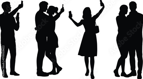 Silhouette of people taking selfies, romantic couple embracing, using smartphone, modern love, digital lifestyle, technology, relationship, communication, togetherness