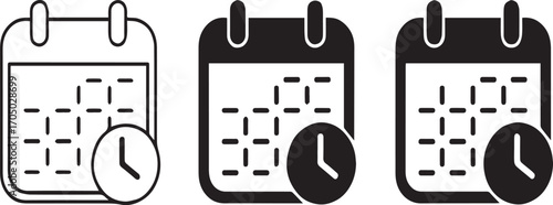 Calendar and Clock Icon Set: Appointment Scheduling, Time Management, and Deadline Symbol

