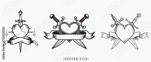 Heart and swords tattoo design, vintage style for love, loss, or strength