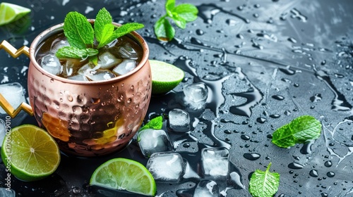 Copper Moscow Mule Cup with Mint and Lime Slices on Wet Black Surface